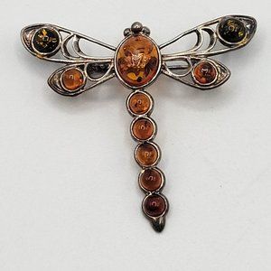 Dragonfly Bug Insect Pin Brooch Silver 925 Amber Gems Poland Estate 2"